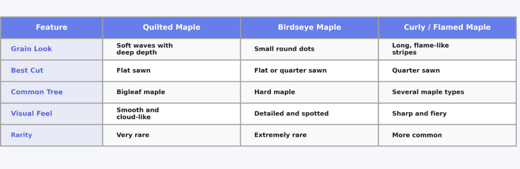 Why Quilted Maple Is the Most Beautiful Wood on Earth ? 2 Quilted Maple Compared to Other Figured Maples