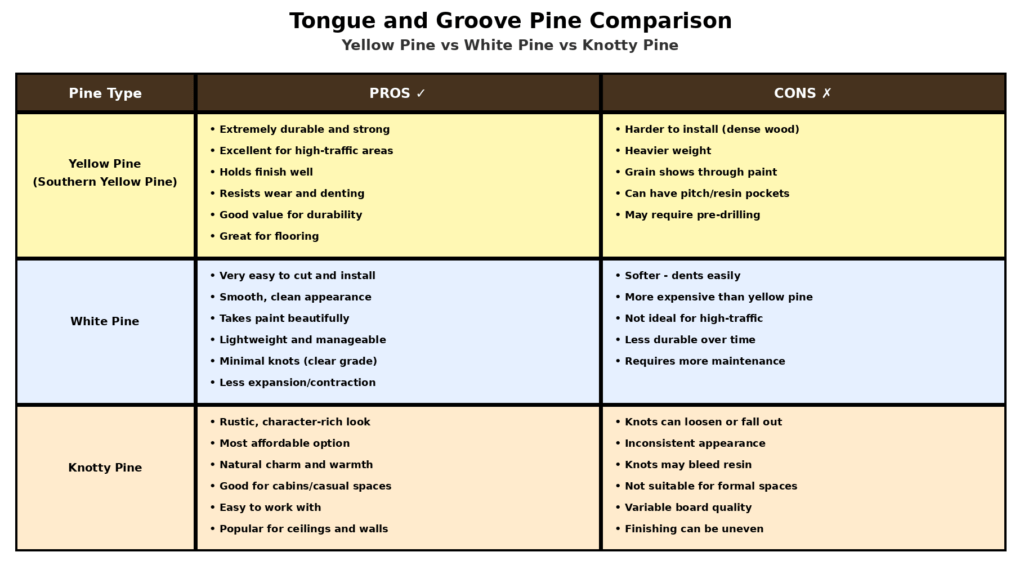 Pine Tongue & Groove: Pros, Cons, costs & buying guide 2 Quick Comparison: Pine Variety Pros and Cons